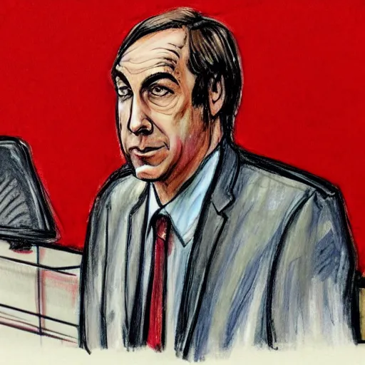 Prompt: elmo testifying in court, being defended by saul goodman, courtroom sketch