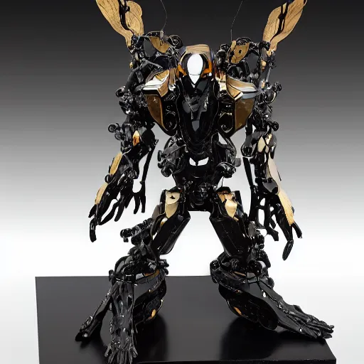 Prompt: realistic combat mech, carved black marble mechanical exoskeleton wearing hardsurface armour, inlaid with obsidian and gold accents, ivory rococo, wings lace wear, sculpted by spider zero, frank gehry, jeff koons, bandai box art