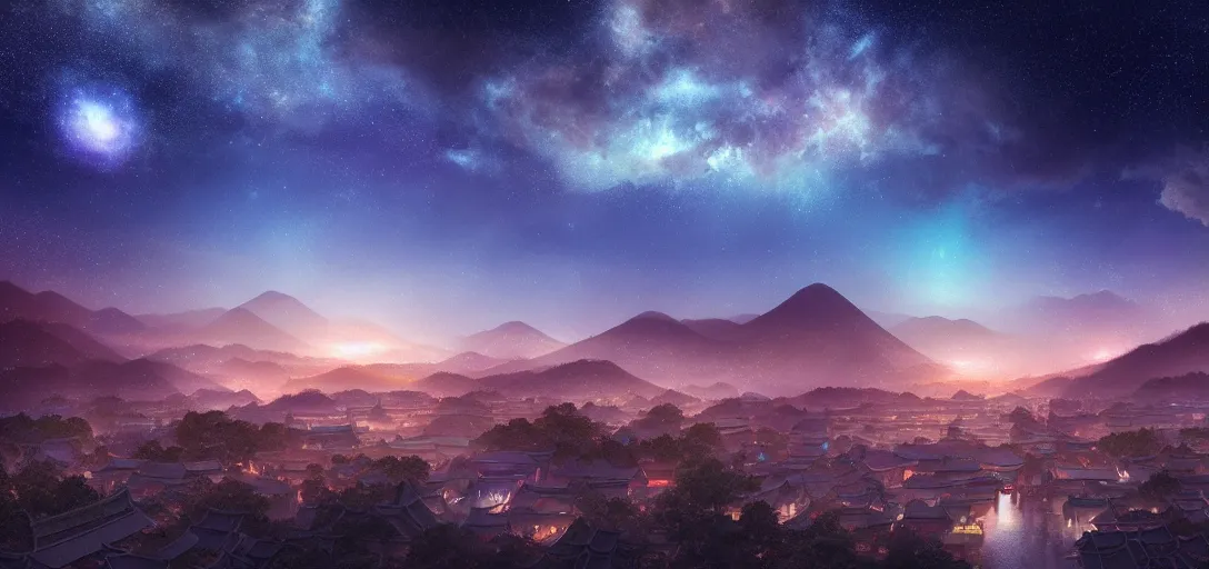 Image similar to very beautiful view of an ancient japanese city at night, temples, trees, mountains in the background, galaxy nebula, dramatic clouds, glowing fog, dramatic lighting, ultra detailed, sharp, ambient occlusion, raytracing, by greg rutowski, paul chadeisson and jessica rossier