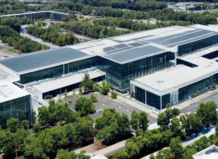 Prompt: aerial view of a spectacular class a suburban office building with clean modern design