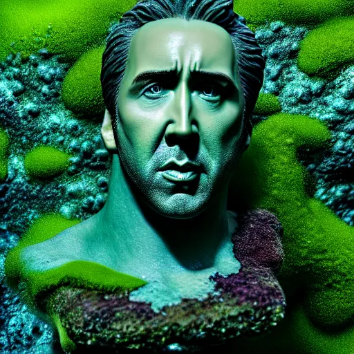 Prompt: Nicolas Cage underwater mossy statue, green moss all over, bottom of the ocean, deep ocean, bottom of ocean, dark, 35mm, fish, 4k, detailed, photorealistic, photo, unreal engine 5, Atlantis