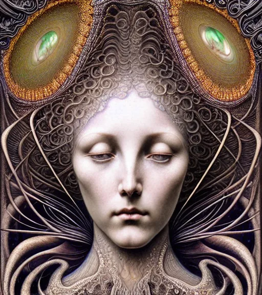 Image similar to detailed realistic beautiful alexandrite goddess face portrait by jean delville, gustave dore, iris van herpen and marco mazzoni, art forms of nature by ernst haeckel, art nouveau, symbolist, visionary, gothic, neo - gothic, pre - raphaelite, fractal lace, intricate alien botanicals, biodiversity, surreality, hyperdetailed ultrasharp octane render