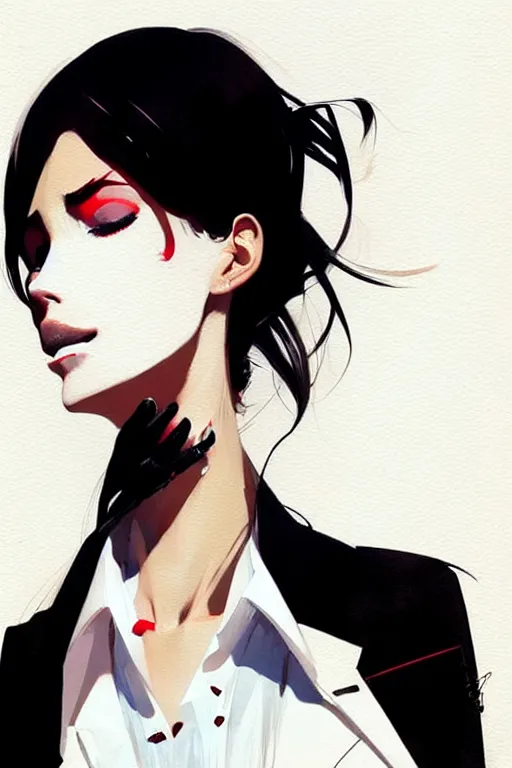 Image similar to a ultradetailed beautiful panting of a stylish woman, she is wearing a white shirt with a tie and black pants, by conrad roset, greg rutkowski and makoto shinkai trending on artstation