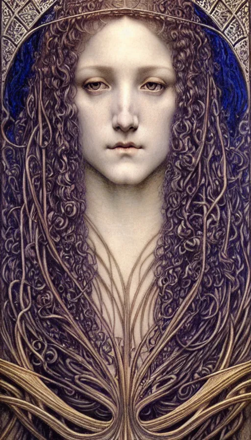 Image similar to detailed realistic beautiful young medieval queen face portrait by jean delville, gustave dore and marco mazzoni, art nouveau, symbolist, visionary, gothic, pre - raphaelite. horizontal symmetry