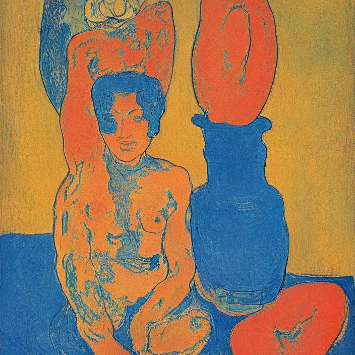 Image similar to tantric deity with vase. indigo blue, turquoise, cinnabar. henri de toulouse - lautrec, ferdand hodler, egon schiele, gauguin