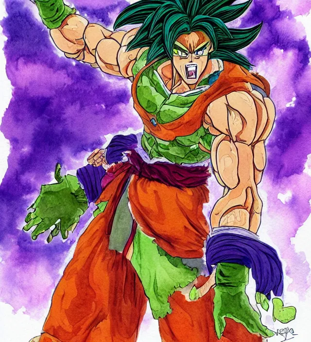 Image similar to a 3 / 4 view watercolor ink painting of broly as goku in the style of jean giraud in the style of moebius trending on artstation deviantart pinterest detailed realistic hd 8 k high resolution