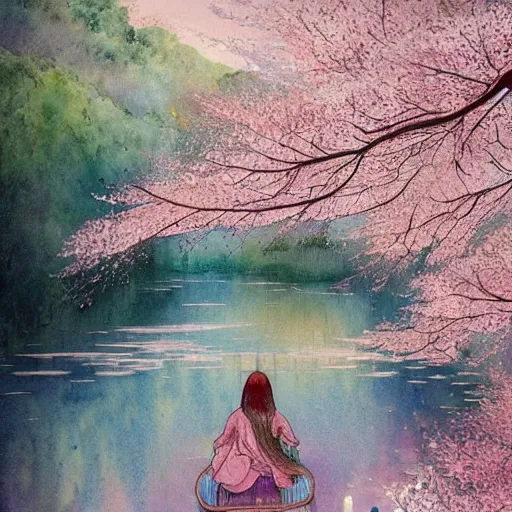 Image similar to a beautiful and inspiring intricate watercolor illustration inside a river, pink sakura trees forming a tunnel, 4 k, ultra - wide angle, by william turner, by victo ngai, by alphonse mucha, by miho hirano, hd, trending on artstation, hyper detailed, muted colors, inspiring, beautiful, paradisiac