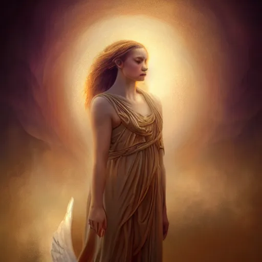 Image similar to majestic gracious regal female angel portrait, ancient greece, atmospheric lighting, painted, intricate, volumetric lighting, beautiful, rich deep colours masterpiece, golden hour, golden ratio, sharp focus, ultra detailed, by leesha hannigan, ross tran, thierry doizon, kai carpenter, ignacio fernandez rios