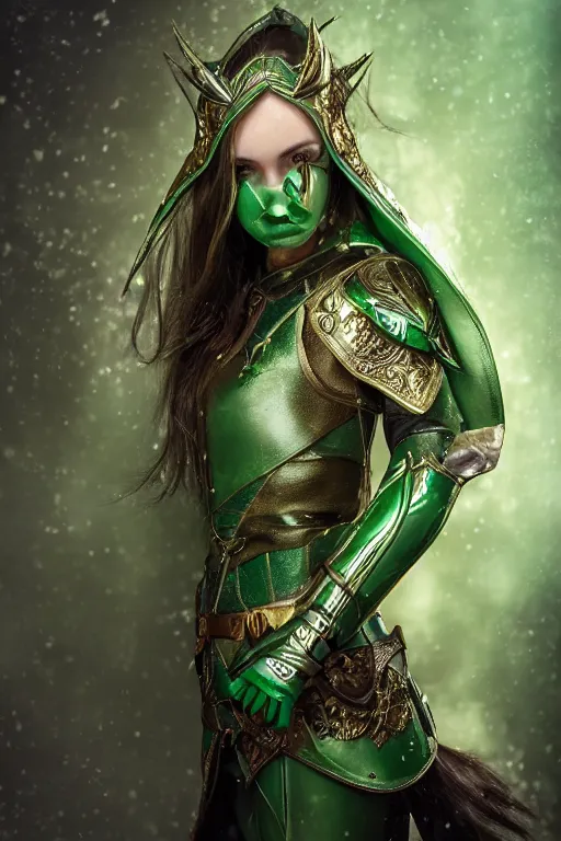 Image similar to a beautiful portrait of a young woman, green elf ranger with long flowing hair and a green leather hood, elf ranger leather armor with green colors and gold lining, young female face, cinematic top lighting, insanely detailed and intricate, face by wlop, Charlie Bowater, golden ratio, symmetric, elegant, ornate, luxury, elite, matte painting, cinematic, trending on artstation, deviantart and cgsociety, 8k, high resolution