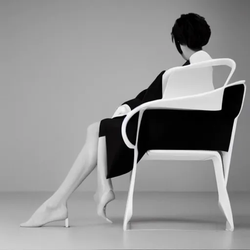 Prompt: close up of fashion model sitting on chair, official jil sander editorial