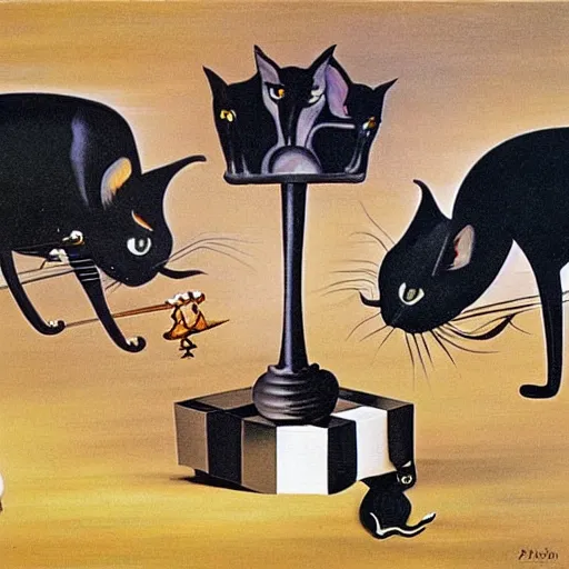 Image similar to dali surrealist painting of two cats playing chess