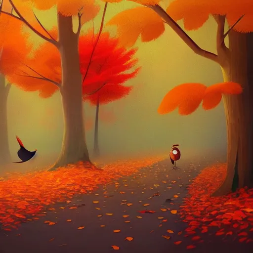 Image similar to goro fujita ilustration a beautiful bird with open wings and feathers flying over a forest full of autumn trees, painting by goro fujita, sharp focus, highly detailed, artstation