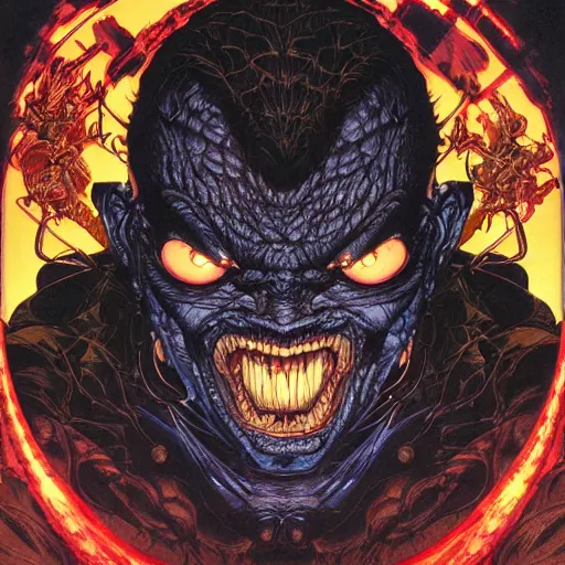 Image similar to portrait of crazy balrog, ymmetrical, by yoichi hatakenaka, masamune shirow, josan gonzales and dan mumford, ayami kojima, takato yamamoto, barclay shaw, karol bak, yukito kishiro