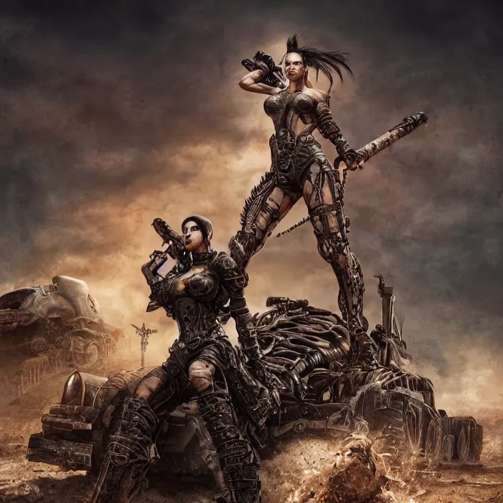 Image similar to beautiful apocalyptic woman with mohawk, standing on mad max panzer tank, hyper-detailed, smooth, sharp focus, 4k ultra hd, fantasy dark art, tank girl, artgerm, artstation, octane render, elegant, detailed digital painting, apocalyptic art, Francis bacon, gears of war, unreal engine