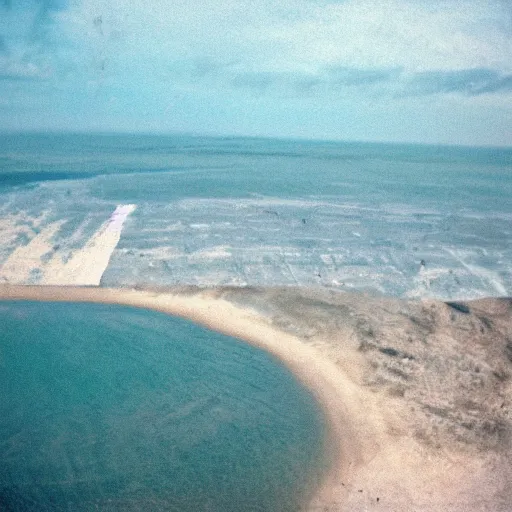 Prompt: film still, extreme far view, 2 1 savage, beach, dunkirk, associated press, 2 6 mm, kodak ektachrome, blue tint expired film