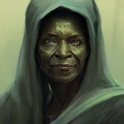 Image similar to portrait of a woman by greg rutkowski, old jedi master, afroamerican, wise, star wars expanded universe, she is about 7 0 years old, wearing jedi robes.