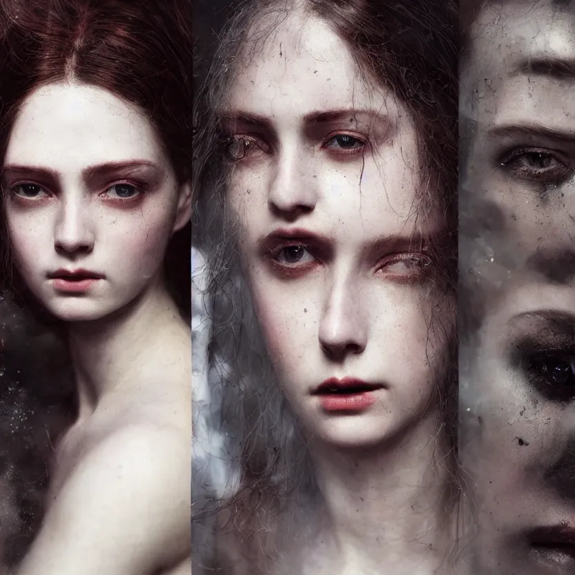 Image similar to stunning close up editorial portrait of a woman, symmetrical face, sci-fi skin, official prada editorial, beautiful pre-raphaelite portrait by charlie bowater, by Hendrik Kerstens, by Zhang Jingna, by norman rockwell, highly detailed