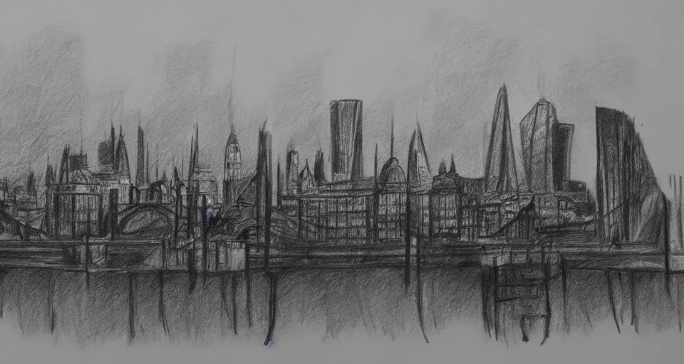 Prompt: pencil sketch of the london skyline, highly detailed, dramatic lighting, intense shadows, rich deep colours, by salvador dali