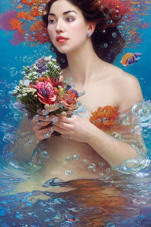 Prompt: portrait of a beautiful mysterious woman holding a bouquet of flowing flowers, small bubbles from her mouth, hands hidden under the bouquet, submerged underwater filled with colorful small fish and coral reef, fantasy, regal, intricate, by stanley artgerm lau, greg rutkowski, thomas kindkade, alphonse mucha, loish, norman rockwell