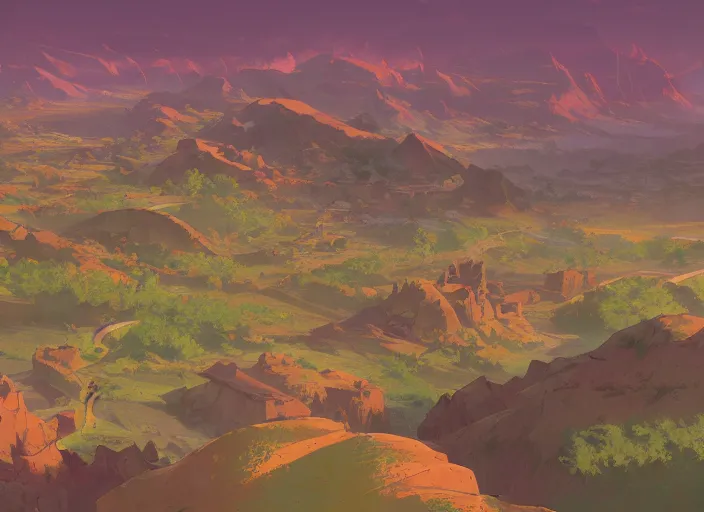 Image similar to concept art painting of a distant village in a valley seen from above, early morning, cel shaded, by makoto shinkai and moebius and anton fadeev and james gurney