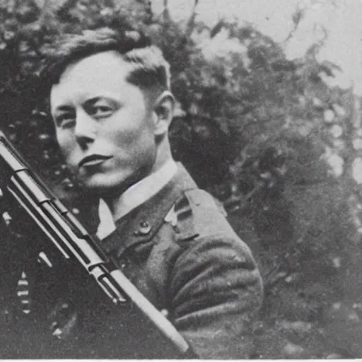 Image similar to old wartime photograph of elon musk holding a lewis gun, 1 9 1 7