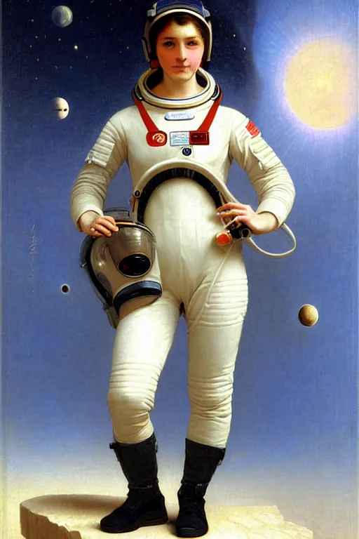 Image similar to a portrait of a female astronaut, wearing a spacesuit and helmet, by bouguereau