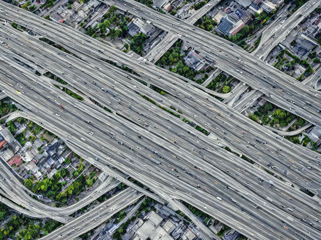 Image similar to drone view of a large highway through city, Brutalist architecture,sharp focus,telephoto lens,digital art 4k