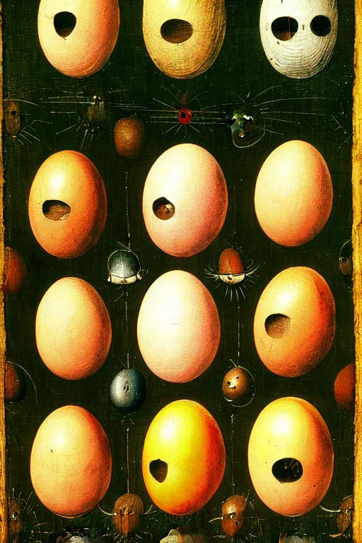 Prompt: hieronymus bosch painting of egg faces