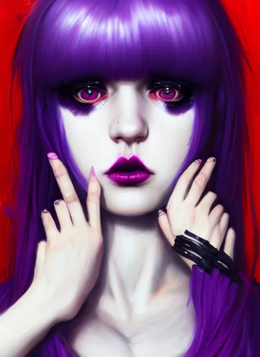 Image similar to portrait of white teenage girl, normal face, white bangs, mall goth, cyberlox, black and white hair, bangs, fluffy bangs, red contact lenses, purple lipstick, intricate, elegant, highly detailed, digital painting, artstation, concept art, sharp focus, smooth, illustration, art by wlop, mars ravelo and greg rutkowski