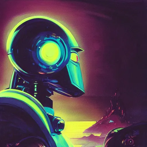 Image similar to a dark and colorful close - up side profile portrait of a sci - fi mecha robot with led lights glowing fog in the background. highly detailed science fiction painting by norman rockwell, frank frazetta, and syd mead. rich colors, high contrast, gloomy atmosphere, dark background. trending on artstation