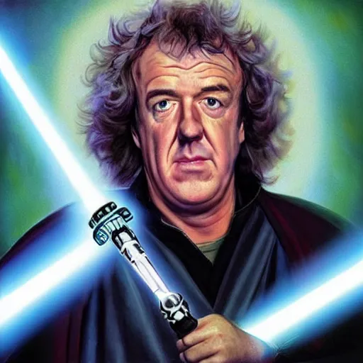 Image similar to “Jeremy Clarkson as a Sith dueling James may as a Jedi, with lightsabers, oil painting”