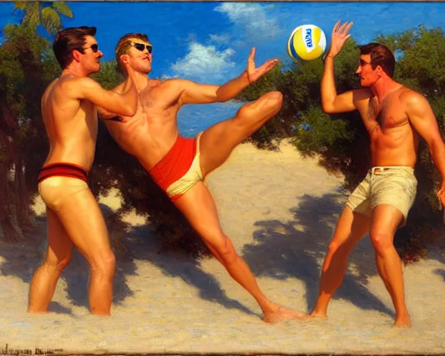 Image similar to top gun beach volleyball scene, warm colors, soft angles, soft focus, painting by gaston bussiere, craig mullins, j. c. leyendecker, tom of finland