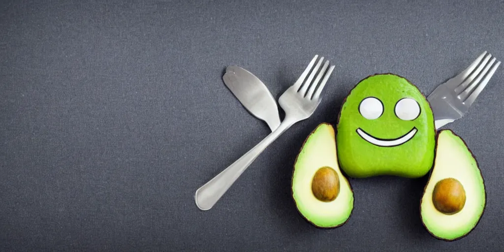 Image similar to cute smiling avocado robot with cute eyes and forks instead of arms, logo style