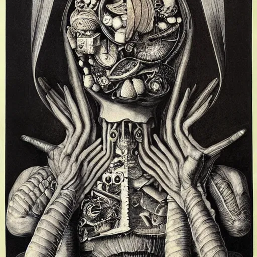 Image similar to post - punk album cover, asymmetrical design, dollar bank, new age, apocalypse, psychedelic, black white pink, magic, giger h. r., giuseppe arcimboldo