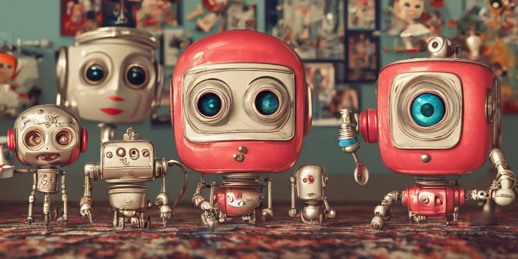 Image similar to closeup portrait of tin toy retro living room of robot family, depth of field, zeiss lens, detailed, centered, fashion photoshoot, by nicoletta ceccoli, mark ryden, lostfish, breathtaking, 8 k resolution, extremely detailed, beautiful, establishing shot, artistic, hyperrealistic, octane render, - h 8 0 4