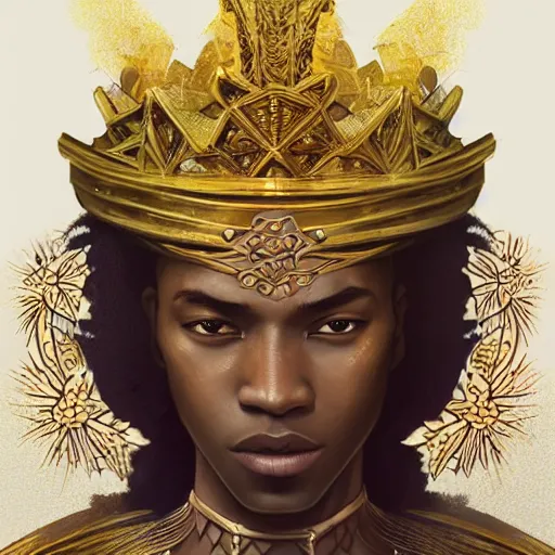 Image similar to an african wise king with a crown of golden flower petals, kemetic, D&D, fantasy, intricate, elegant, highly detailed, digital painting, artstation, concept art, matte, sharp focus, illustration, art by Artgerm and Greg Rutkowski and Alphonse Mucha