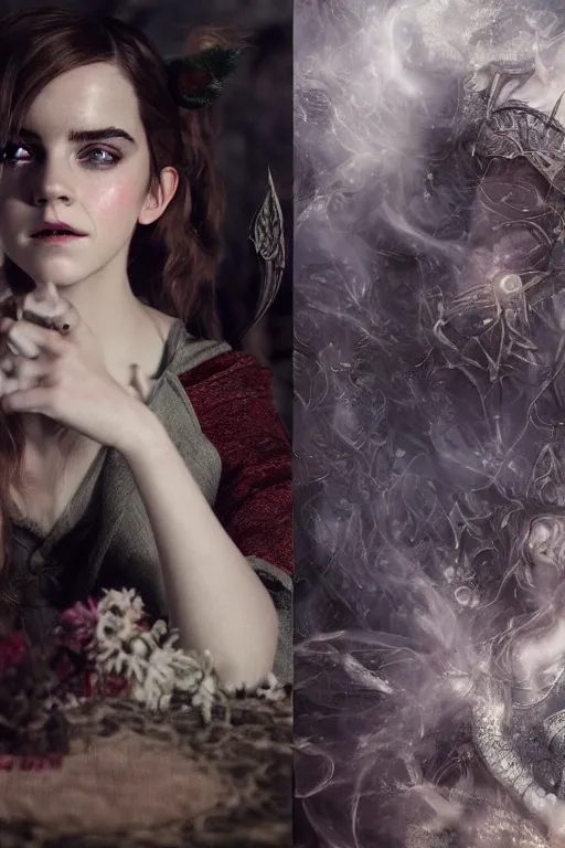 Image similar to a mix of of emma watson, anya taylor - joy and emma stone, evil sorceress elf, lotr, hyperrealism, octane render, extremely detailed, intricate smoke magic, lace, style of mark ryden, earl nore, hyung tae, frank frazetta