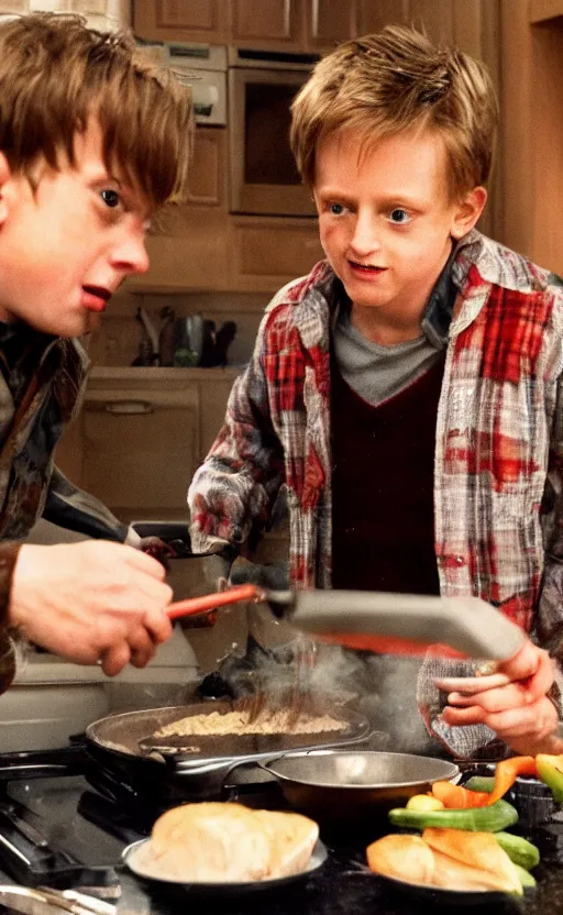 Image similar to kevin mccallister cooking harry and marv for dinner, photorealistic, realistic, detailed, hyperrealistic, 8 k, hdr, high quality, high resolution, lossless quality