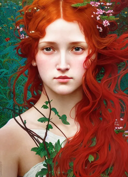 Prompt: pretty young woman resembling alicia vikander with long red hair, half body shot, path traced, highly detailed, high quality, digital painting, by studio ghibli and alphonse mucha, leesha hannigan, hidari, art nouveau, chiho aoshima, jules bastien - lepage