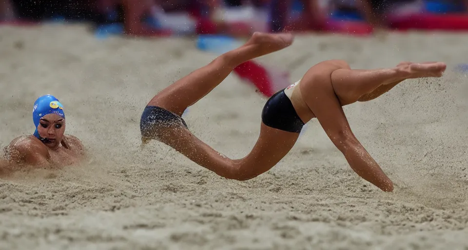 Image similar to olympic swimming in sand instead of water, extremely coherent, motion blur