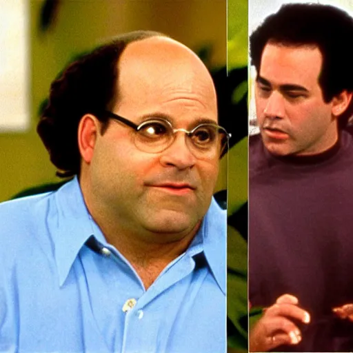 Prompt: George Costanza on Seinfeld selling a big bag of weed, smoking a joint