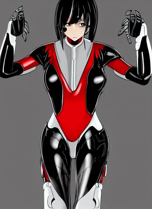 Prompt: Portrait of a female mech pilot in a black latex bodysuit, anime, cel-shaded, highly detailed, monotone, red highlights