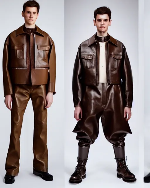 Image similar to an award - winning photo of a brown cropped extremely baggy medieval designer menswear leather jacket with an oversized collar and baggy bootcut trousers designed by alexander mcqueen, 4 k, studio lighting, wide angle lens