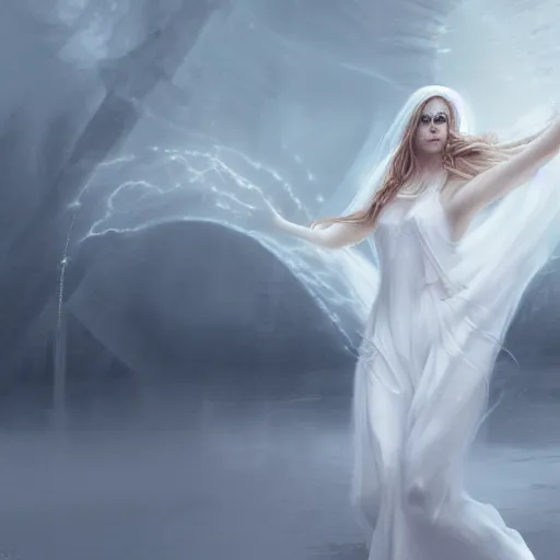 Image similar to white female dancing gost weared with white veils, matte painting, cinematic, epic composition, detailed, atmospheric, wide angle, artstation trending