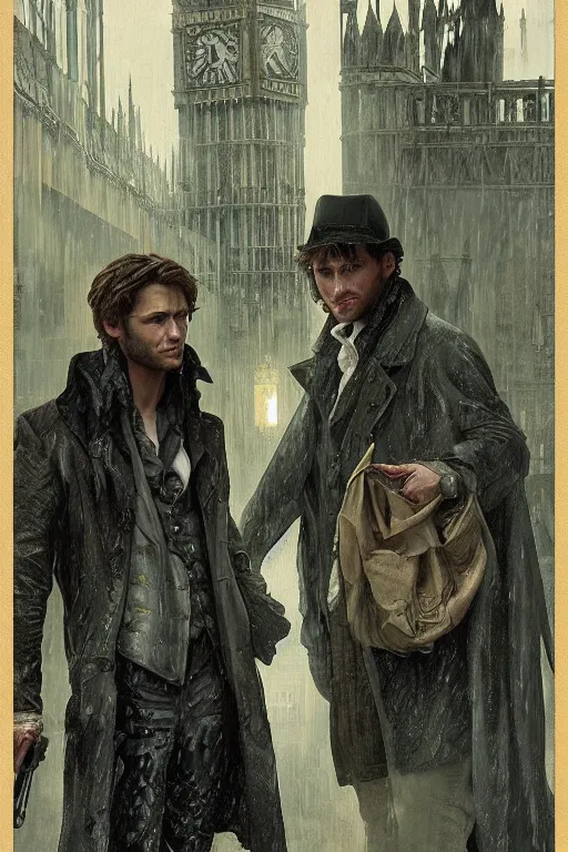 Prompt: a detailed matte portrait of sam and dean winchester in a supernatural sherlock holmes story, 1 8 th century london in the rain, city streets, ominous, masterpiece, 8 k, art by alphonse mucha and greg rutkowski