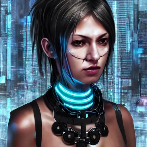 Image similar to detailed realistic cyberpunk female character cyberpunk wearing steel collar around neck, realistic, art, beautiful, 4K, collar, choker, collar around neck, punk, artstation, detailed, female, woman, choker, cyberpunk, neon, punk, collar, choker, collar around neck, thick collar, choker around neck, wearing choker, wearing collar, bright neon punk hair,