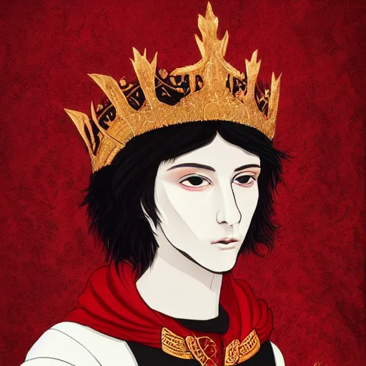 Prompt: portrait of a red king, sharp focus, black hair, full body, highly detailed, intricate, masked, white, regal clothing, gold ethereal light, high fantasy, pop art style