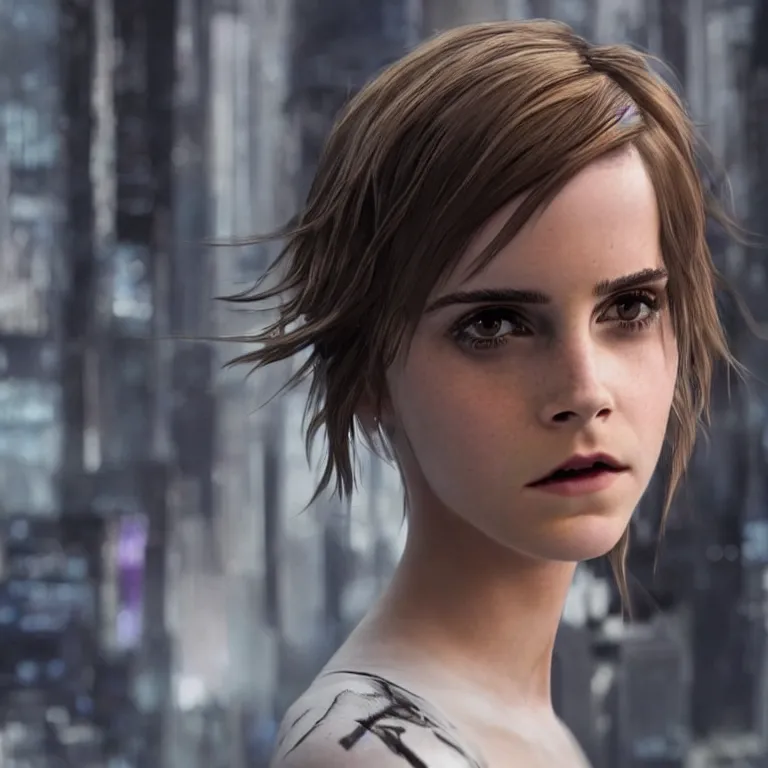 Image similar to scifi emma watson looks like ghost in the shell, extremely high detail, extremely high detailed face, cyborg, photorealism, emma watson, sony a 7 r