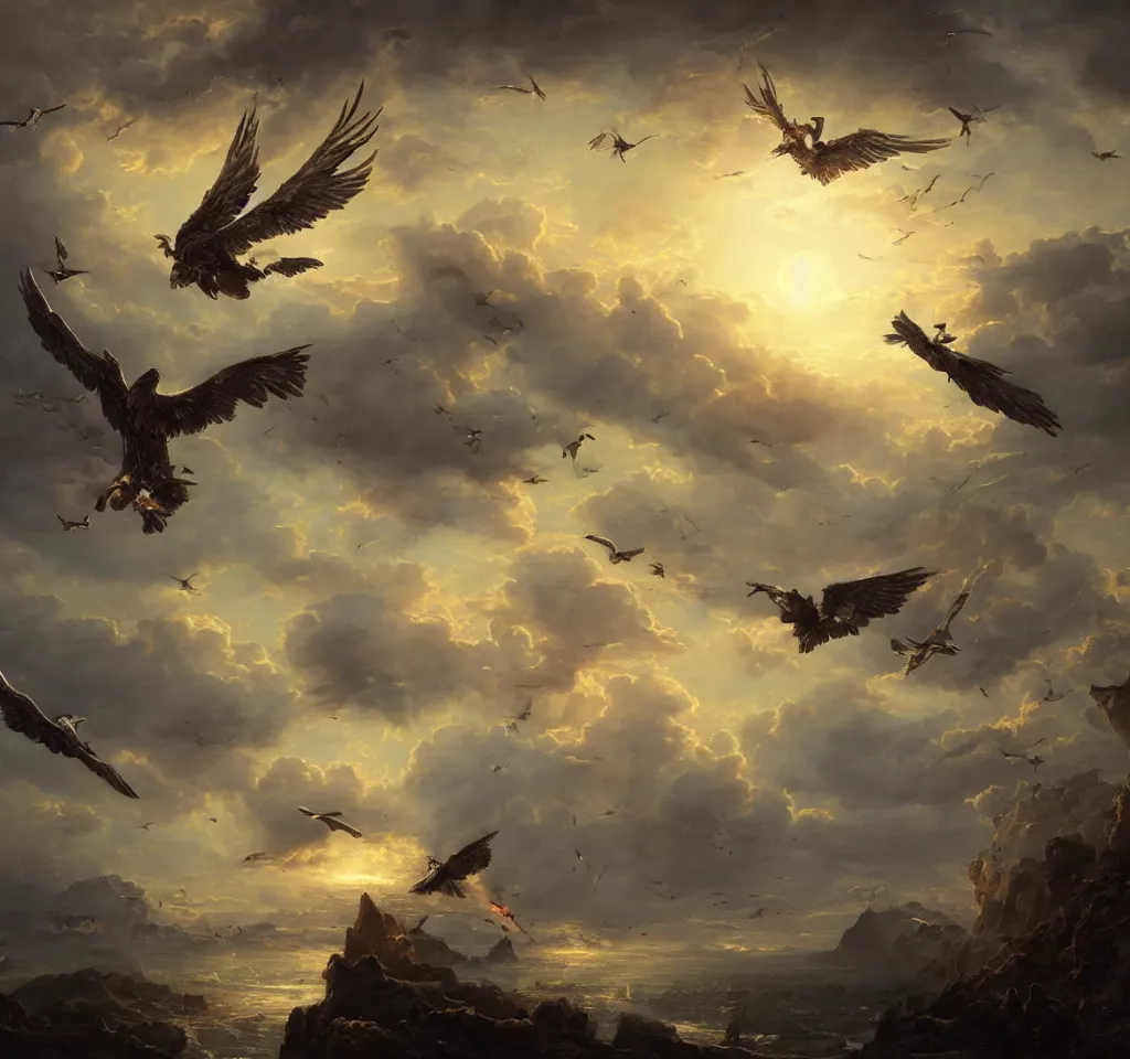 Prompt: 3 d render of icarus falling from the sky by greg rutkowski, on a round baroque frame, wing made of gold, starts, windy, cranes, cg society, maximalist fashion, hyper detailed, dramatic, epic painting, sunset clouds, 8 k