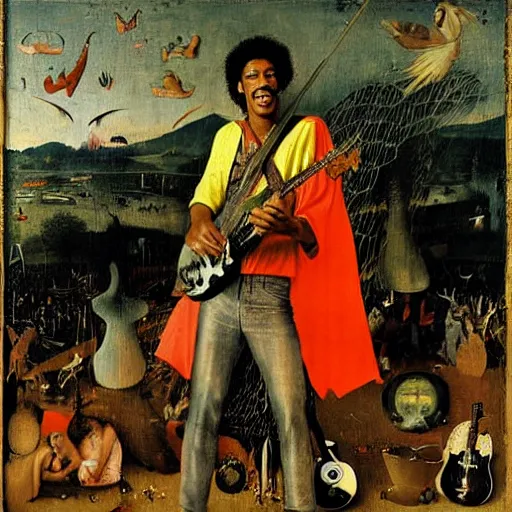 Image similar to jimy hendrix at woodstock by hieronymus bosch